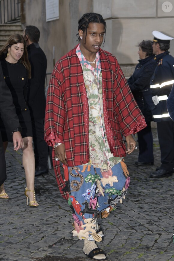 A$AP Rocky arrive au Musei Capitolini pour assister au défilé Gucci, collection croisière 2020. Rome, le 28 mai 2019.