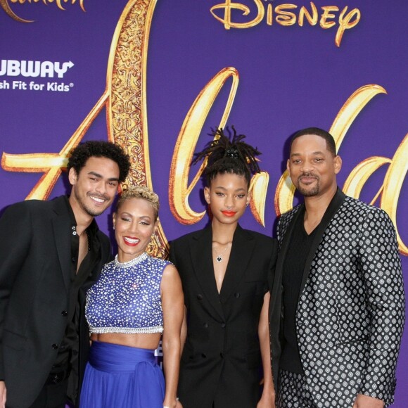 Will Smith avec sa femme Jada Pinkett Smith et ses enfants Trey Smith et Willow Smith à la première du film Aladdin au El Capitan Theatre dans le quartier de Hollywood à Los Angeles, le 21 mai 2019