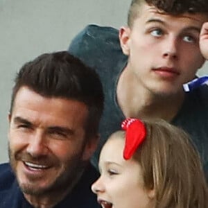 David Beckham et sa fille Harper lors du match de football de la coupe du monde féminine Norvège / Angleterre au Havre le 27 juin 2019 © Gwendoline Le Goff / Panoramic / Bestimage