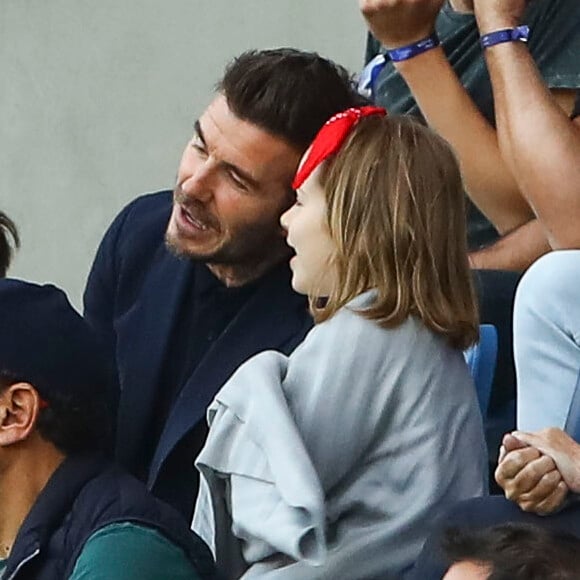 David Beckham et sa fille Harper lors du match de football de la coupe du monde féminine Norvège / Angleterre au Havre le 27 juin 2019 © Gwendoline Le Goff / Panoramic / Bestimage