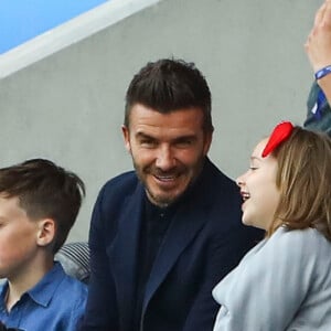 David Beckham et sa fille Harper lors du match de football de la coupe du monde féminine Norvège / Angleterre au Havre le 27 juin 2019 © Gwendoline Le Goff / Panoramic / Bestimage