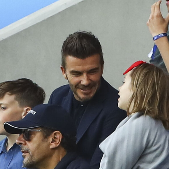 David Beckham et sa fille Harper lors du match de football de la coupe du monde féminine Norvège / Angleterre au Havre le 27 juin 2019 © Gwendoline Le Goff / Panoramic / Bestimage