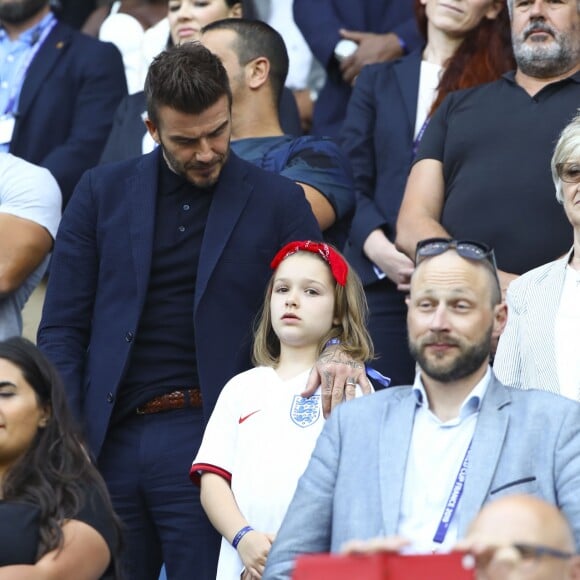 David Beckham et sa fille Harper lors du match de football de la coupe du monde féminine Norvège / Angleterre au Havre le 27 juin 2019 © Gwendoline Le Goff / Panoramic / Bestimage