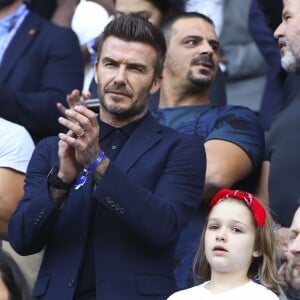 David Beckham et sa fille Harper lors du match de football de la coupe du monde féminine Norvège / Angleterre au Havre le 27 juin 2019 © Gwendoline Le Goff / Panoramic / Bestimage