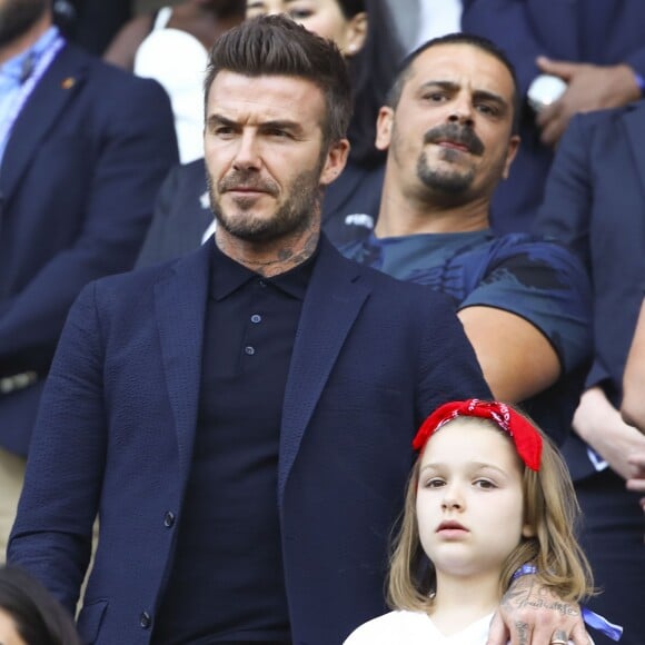 David Beckham et sa fille Harper lors du match de football de la coupe du monde féminine Norvège / Angleterre au Havre le 27 juin 2019 © Gwendoline Le Goff / Panoramic / Bestimage