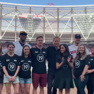 Meghan Markle et le prince Harry au parc olympique de Londres pour un match de baseball, le 29 juin 2019.