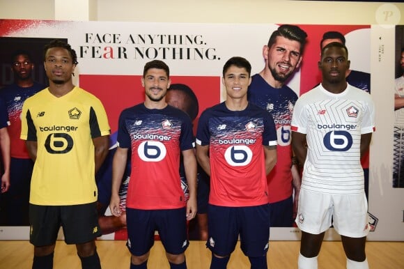 Loïc Remy, Jérémy Pied, Luiz Araujo et Boubakary Soumare lors de la soirée de présentation des nouveaux maillots du LOSC par l'équipementier New Balance pour la saison 2019-2020 à Lille le 4 juillet 2019.