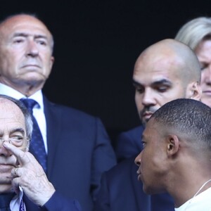 Emmanuel Macron/ Noël Le Graët (President FFF) et Kylian Mbappé - Finale de la coupe du monde féminine de football, USA vs Pays Bas à Lyon le 7 juillet 2019. Les Etats-Unis ont remporté la finale sur le score de 2 à 0. © Gwendoline Le Goff/Panoramic/Bestimage