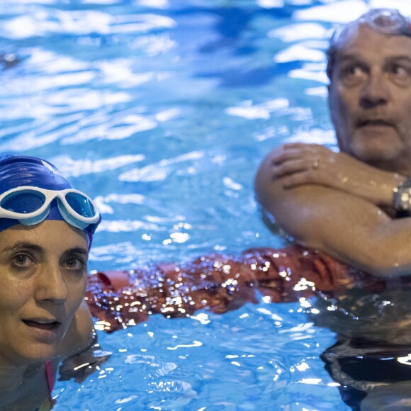 Estelle Denis et Jacques Monclar lors du Challenges Swimming Heroes pour l'UNICEF lors du meeting Olympique à la piscine de Courbevoie, France, le 24 février 2019. © Pierre Perusseau/Bestimage