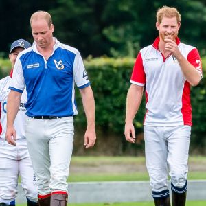 Le prince William, duc de Cambridge et son frère le prince Harry, duc de Sussex lors d'un match de polo de bienfaisance King Power Royal Charity Polo Day à Wokinghan, comté de Berkshire, Royaume Uni, le 10 juillet 2019.
