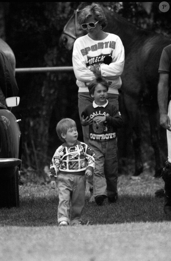 Diana avec ses fils Harry et William à un match de polo en 1987.