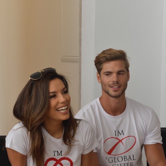 Giovanni Bonamy (le jeune homme de 29 ans a déjà tourné au côté d'E. Longoria pour une publicité l'Oréal et participe actuellement à l'émission de TF1 "Je suis une célébrité, sortez-moi de là !" où il tente de récolter des fonds pour la fondation "Global Gift") - Eva Longoria lors de l'inauguration de la Global Gift House pour les enfants dans le besoin à Marbella le 12 juillet 2019