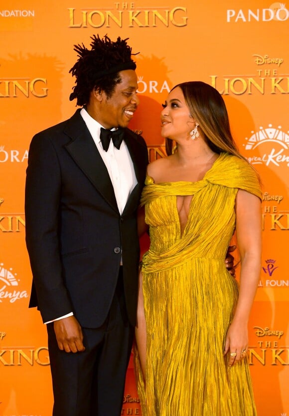 Jay-Z et Beyoncé à l'avant-première du film "Le Roi Lion" au cinéma Odeon Luxe Leicester Square à Londres, le 14 juillet 2019.