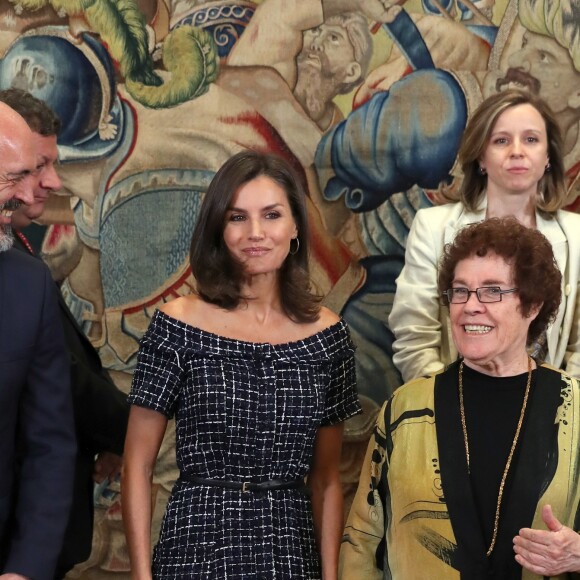 La reine Letizia d'Espagne assiste au congrès international de l'Association internationale d'études sur la communication sociale au Palais de la Zarzuela à Madrid le 16 juillet 2019.