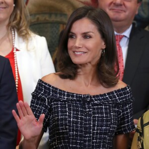 La reine Letizia d'Espagne assiste au congrès international de l'Association internationale d'études sur la communication sociale au Palais de la Zarzuela à Madrid le 16 juillet 2019.