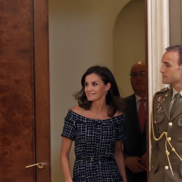 La reine Letizia d'Espagne assiste au congrès international de l'Association internationale d'études sur la communication sociale au Palais de la Zarzuela à Madrid le 16 juillet 2019.