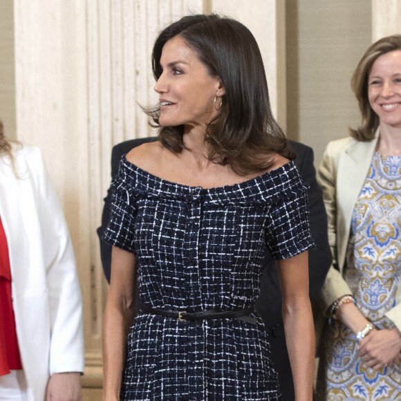 La reine Letizia d'Espagne assiste au congrès international de l'Association internationale d'études sur la communication sociale au Palais de la Zarzuela à Madrid, le 16 juillet 2019.