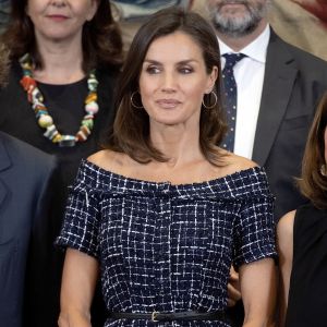 La reine Letizia d'Espagne assiste au congrès international de l'Association internationale d'études sur la communication sociale au Palais de la Zarzuela à Madrid, le 16 juillet 2019.