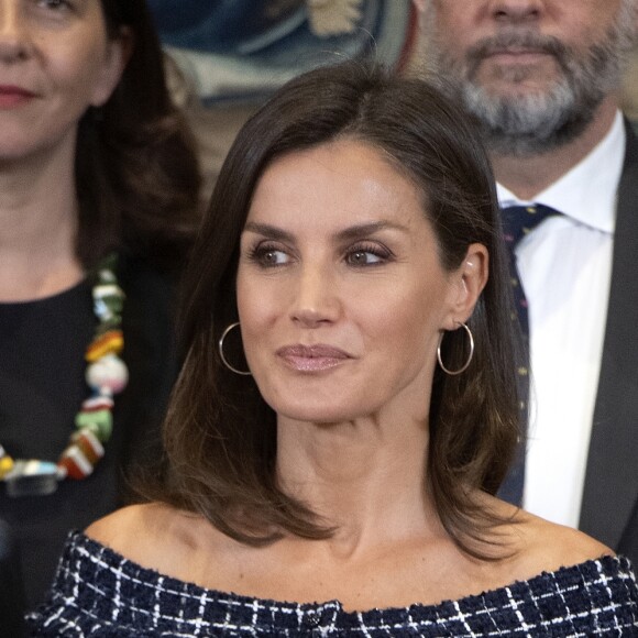 La reine Letizia d'Espagne assiste au congrès international de l'Association internationale d'études sur la communication sociale au Palais de la Zarzuela à Madrid, le 16 juillet 2019.