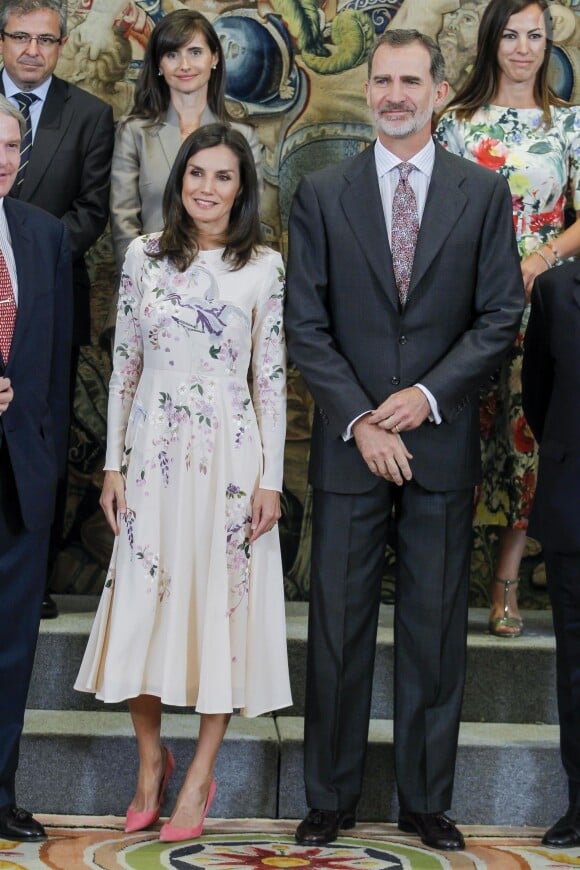 Le roi Felipe VI et la reine Letizia d'Espagne reçoivent en audience au palais Zarzuela à Madrid, le 8 juillet 2019.