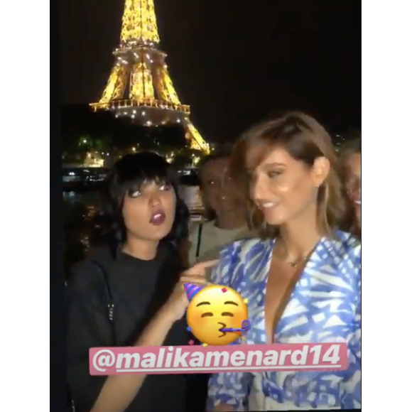 Malika Ménard entourée de Valérie Bègue et de Sylvie Tellier pour ses 32 ans à Paris, le 17 juillet 2019.