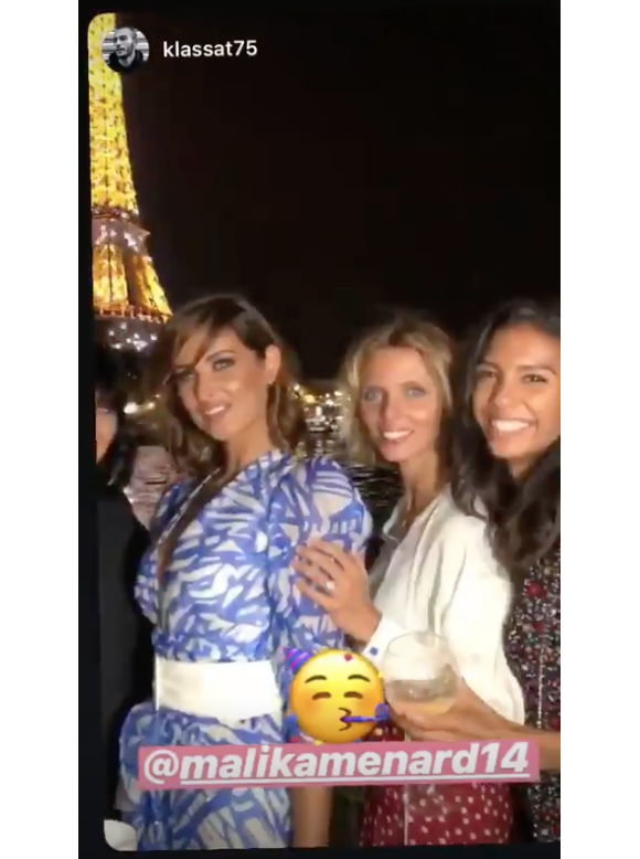 Malika Ménard entourée de Sylvie Tellier et Chloé Mortaud pour ses 32 ans à Paris, le 17 juillet 2019.