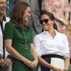 Catherine (Kate) Middleton, duchesse de Cambridge, Meghan Markle, duchesse de Sussex, et Pippa Middleton dans les tribunes lors de la finale femme de Wimbledon "Serena Williams - Simona Halep (2/6 - 2/6) à Londres, le 13 juillet 2019.