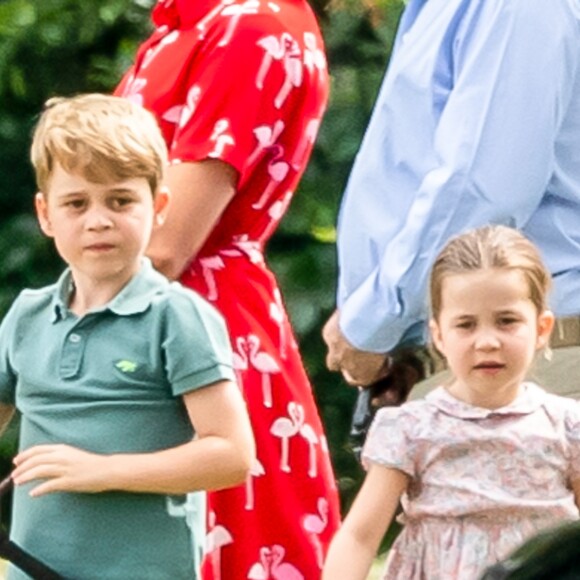 Le prince George de Cambridge et sa soeur la princesse Charlotte de Cambridge lors d'un match de polo de bienfaisance King Power Royal Charity Polo Day à Wokinghan, comté de Berkshire, Royaume Uni, le 10 juillet 2019.