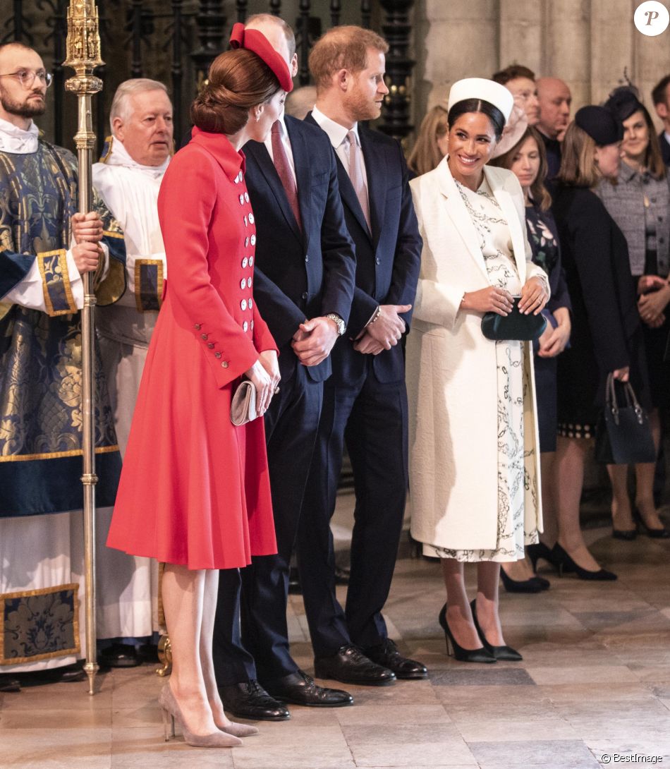 Catherine Kate Middleton, duchesse de Cambridge, le prince William, duc de Cambridge, le prince Harry, duc de Sussex, Meghan Markle, enceinte, duchesse de Sussex lors de la messe en l&#039;honneur de la journée du Commonwealth à l&#039;abbaye de Westminster à Londres le 11 mars 2019.