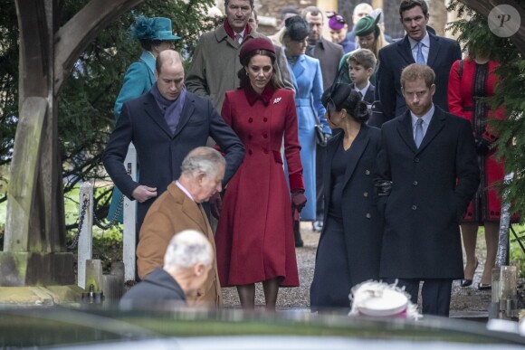 Le prince William, duc de Cambridge, Catherine Kate Middleton, la duchesse de Cambridge, Meghan Markle, duchesse de Sussex enceinte, le prince Harry La famille royale britannique se rend à la messe de Noël à l'église Sainte-Marie-Madeleine à Sandringham, le 25 décembre 2018.