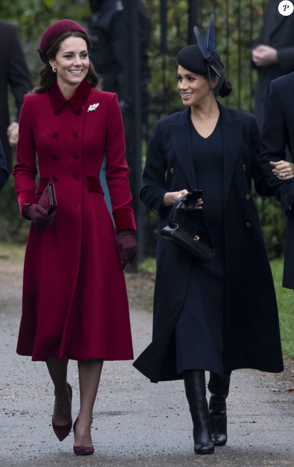 Catherine Kate Middleton, la duchesse de Cambridge et Meghan Markle, la duchesse de Sussex enceinte - La famille royale britannique se rend à la messe de Noël à l&#039;église Sainte-Marie-Madeleine à Sandringham, le 25 décembre 2018.