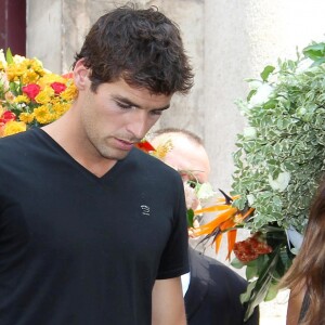 Yoann Gourcuff et sa compagne Karine Ferri - A Cannes, les sportifs rendent un dernier hommage à Tiburce Garou le 10 juillet 2015.