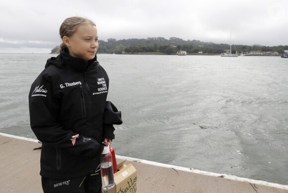 Greta Thunberg embarque sur le voilier de course zéro carbone Malizia II à Plymouth skippé par P.Casiraghi et B.Hermann en direction des Etats Unis le 14 août 2019.