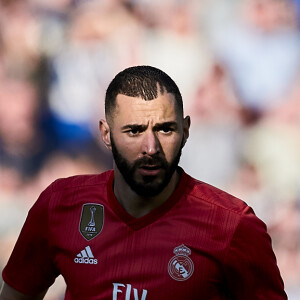 Karim Benzema lors du match de football de La Liga opposant le Real Sociedad au Real Madrid au Deportivo Alavés au stade Anoeta à Saint-Sébastien, Espagne, le 12 mai 2019.