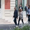 La première dame Brigitte Macron arrive à l'hôtel du Palais à Biarritz le 24 août 2019. Elle est accompagné de sa garde rapprochée, Pierre Olivier Costa, directeur de cabinet et Tristan Bromet, chef de Cabinet. © Jacques Witt / Pool / Bestimage