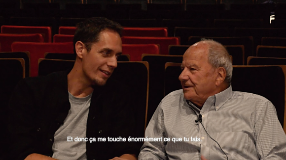 Grand Corps Malade et Marc Ladreit de Lacharrière s'entretiennent au sujet du film La Vie Scolaire à l'occasion d'une projection spéciale à l'Elysées Biarritz, à Paris, le 5 septembre 2019. © Gyro Productions