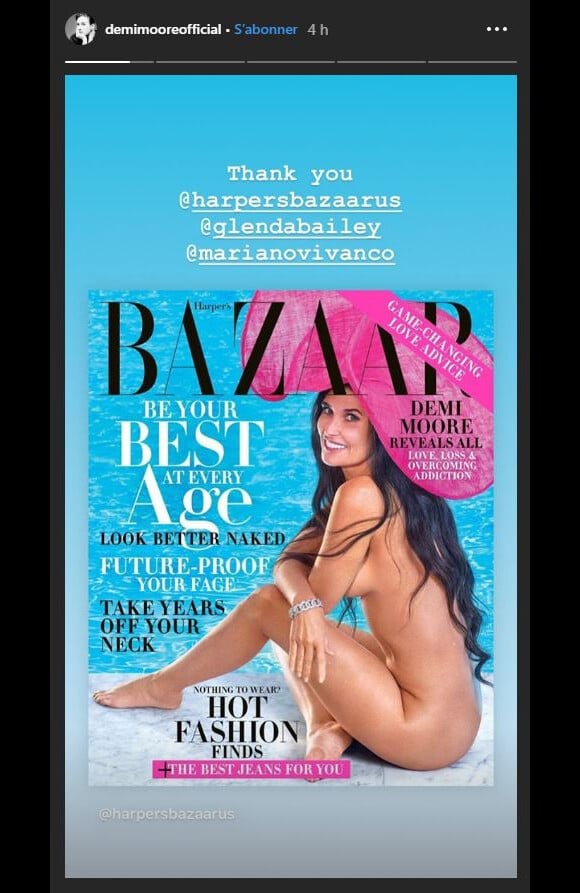 Demi Moore partage la couverture de Harpeer's Bazaar sur laquelle elle pose nue, le 12 septembre 2019.