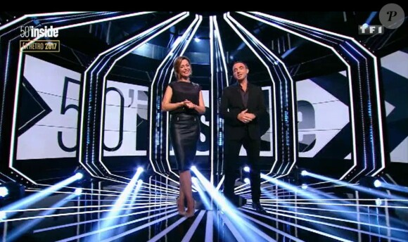Sandrine Quétier accompagnée de Nikos Aliagas lors de sa dernière sur TF1 dans "50' Inside" samedi 30 décembre 2017.