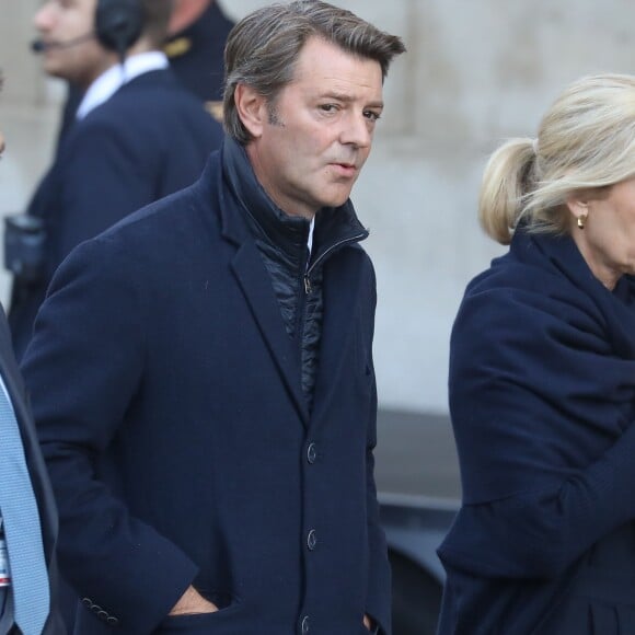 François Baroin et sa compagne Michèle Laroque - Arrivées en l'église Saint-Sulpice pour les obsèques de l'ancien président de la République Jacques Chirac à Paris. Un service solennel sera présidé par le président de la République. Le 30 septembre 2019 © Dominique Jacovides / Bestimage