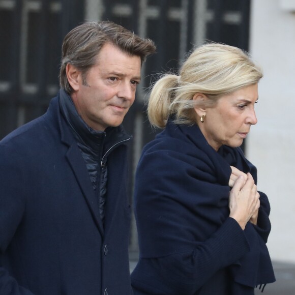 François Baroin et sa compagne Michèle Laroque - Arrivées en l'église Saint-Sulpice pour les obsèques de l'ancien président de la République Jacques Chirac à Paris. Un service solennel sera présidé par le président de la République. Le 30 septembre 2019 © Dominique Jacovides / Bestimage