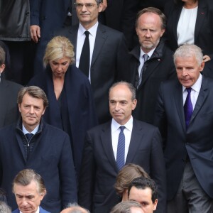 Patrick Devedjian, François Baroin et sa compagne Michèle Laroque, Jean-François Copé, Patrick Poivre d'Arvor (PPDA) - Sorties des obsèques de l'ancien président de la République Jacques Chirac en l'église Saint-Sulpice à Paris. Le 30 septembre 2019 © Dominique Jacovides / Bestimage