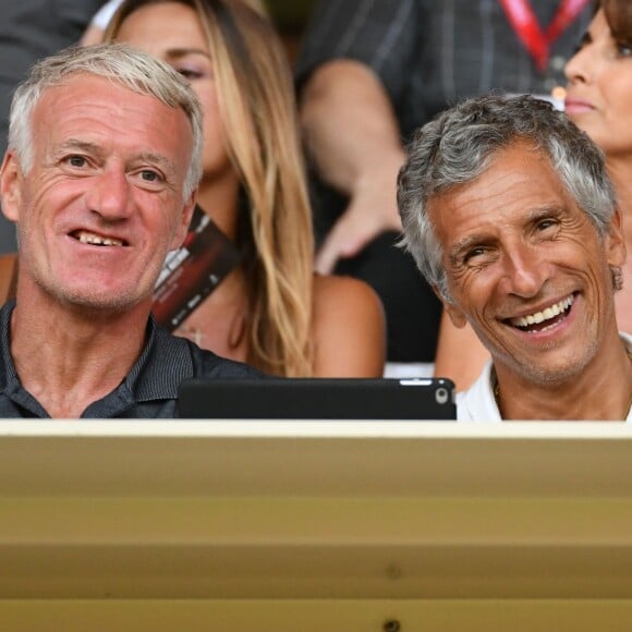 Didier Deschamps, Nagui, leurs femmes au second rang Mélanie Page, Claude Deschamps et des amis durant le Match de football de Ligue 1 opposant Monaco à Lille au stade Louis II le 18 août 2018. Pour leur première rencontre à domicile de la saison 2018/2019, les monégasques n'ont obtenu qu'un match nul 0 - 0. © Bruno Bebert/Bestimage