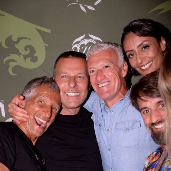 Exclusif - Nagui, Jean-Roch, Didier Deschamps, Leïla Kaddour-Boudadi - Les stars se succèdent au VIP Room à Saint-Tropez au mois de juillet 2019. © Rachid Bellak/Bestimage