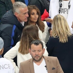 Didier Deschamps et sa femme Claude, Nagui et sa femme Mélanie Page - Les joueurs retrouvent leur famille dans les tribunes à la fin du match de quart de finale de l'UEFA Euro 2016 France-Islande au Stade de France à Saint-Denis le 3 juillet 2016. © Cyril Moreau / Bestimage