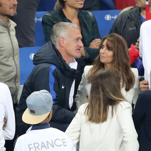 Didier Deschamps et sa femme Claude, Nagui et sa femme Mélanie Page - Les joueurs retrouvent leur famille dans les tribunes à la fin du match de quart de finale de l'UEFA Euro 2016 France-Islande au Stade de France à Saint-Denis le 3 juillet 2016. © Cyril Moreau / Bestimage