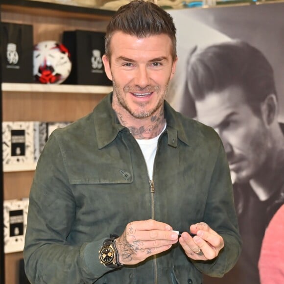 David Beckham fait la promotion de ses produits cosmétiques pour hommes House 99 (soins pour le visage, la barbe, le corps et les cheveux) dans la boutique éphémère le de House 99 aux Galeries Lafayette Champs-Élysées, à Paris, France, le 21 mai 2019.