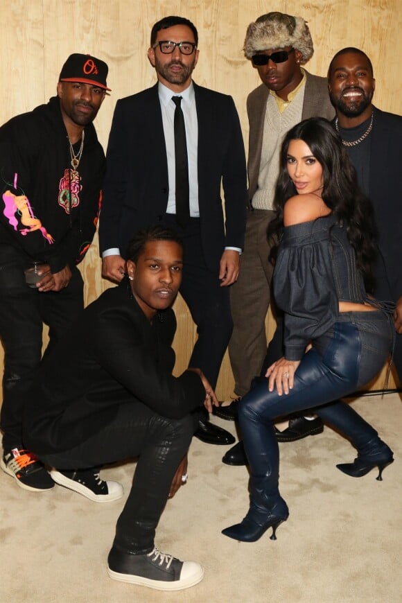 DJ Clue, A$AP Rocky, Riccardo Tisci, Tyler, The Creator, Kim Kardashian et Kanye West assistent à la présentation du clip de la chanson "Follow God" de Kanye West au magasin Burberry à New York, le 6 novembre 2019.