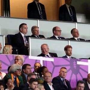 Le prince Albert de Monaco et le prince Harry lors de la finale de Coupe du monde de rugby, le 2 novembre 2019 au stade Yokohama, au Japon. 