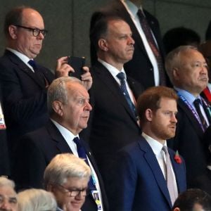 Le prince Albert de Monaco et le prince Harry lors de la finale de Coupe du monde de rugby, le 2 novembre 2019 au stade Yokohama, au Japon. 