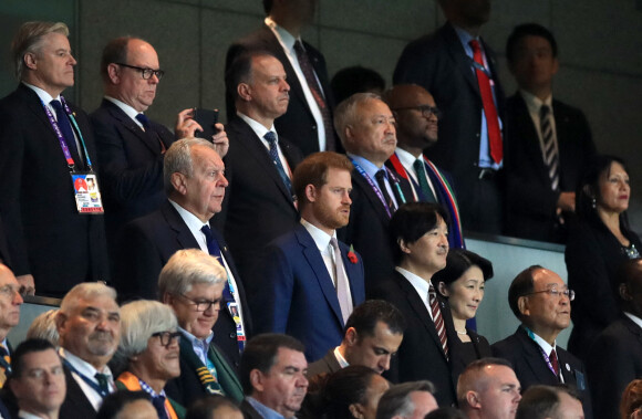 Le prince Albert de Monaco et le prince Harry lors de la finale de Coupe du monde de rugby, le 2 novembre 2019 au stade Yokohama, au Japon. 
